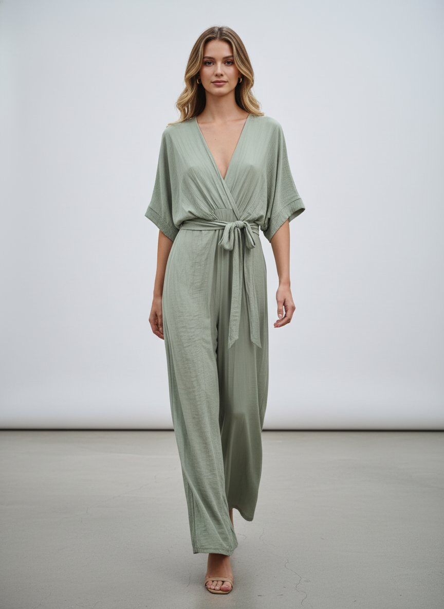 Mayorista J&H Fashion - Este elegante mono presenta un corte fluido con un escote cruzado en V y una cintura acentuada por un cinturón anudado.