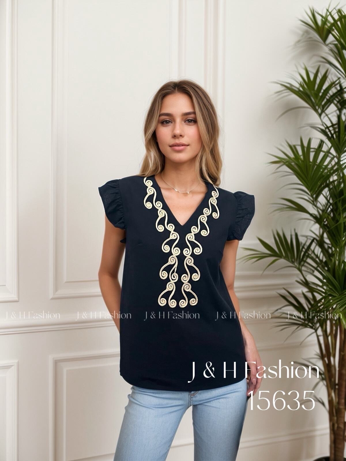 Grossiste J&H Fashion - Débardeur en lin col V sans manche à volant, broderie coquillage relief