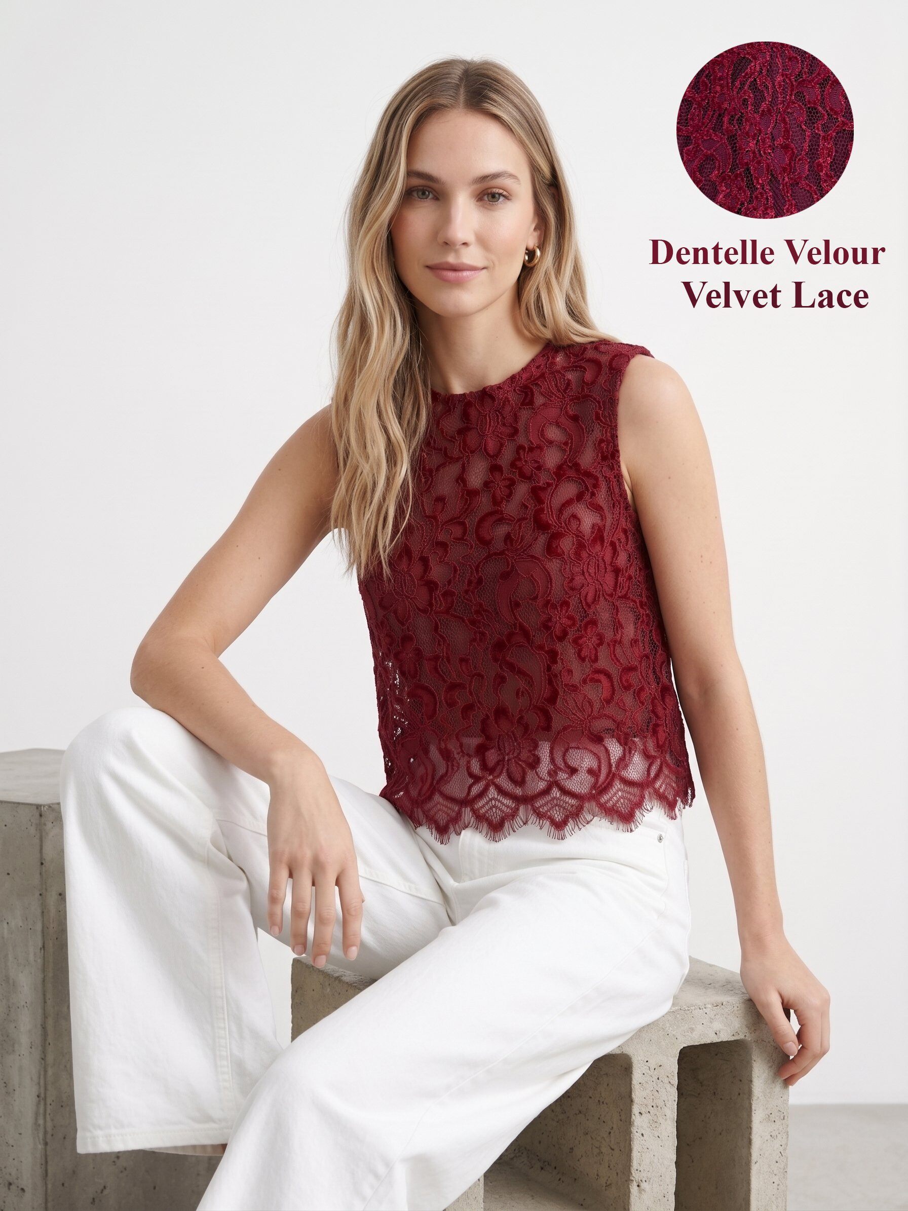 Großhändler J&H Fashion - Ärmelloses Oberteil aus zarter Blumenspitze mit fließendem Schnitt und eleganter, gewellter Kante.