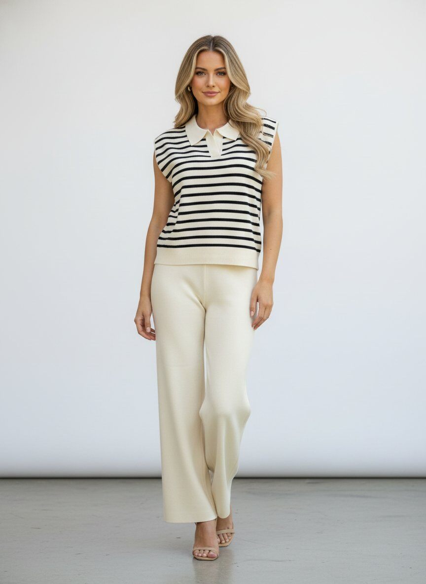 Großhändler J&H Fashion - Elegantes Set besteht aus einem ärmellosen Polokragen-Top mit horizontalen Streifen und einer passenden fließenden Hose mit lässigem Schnitt.