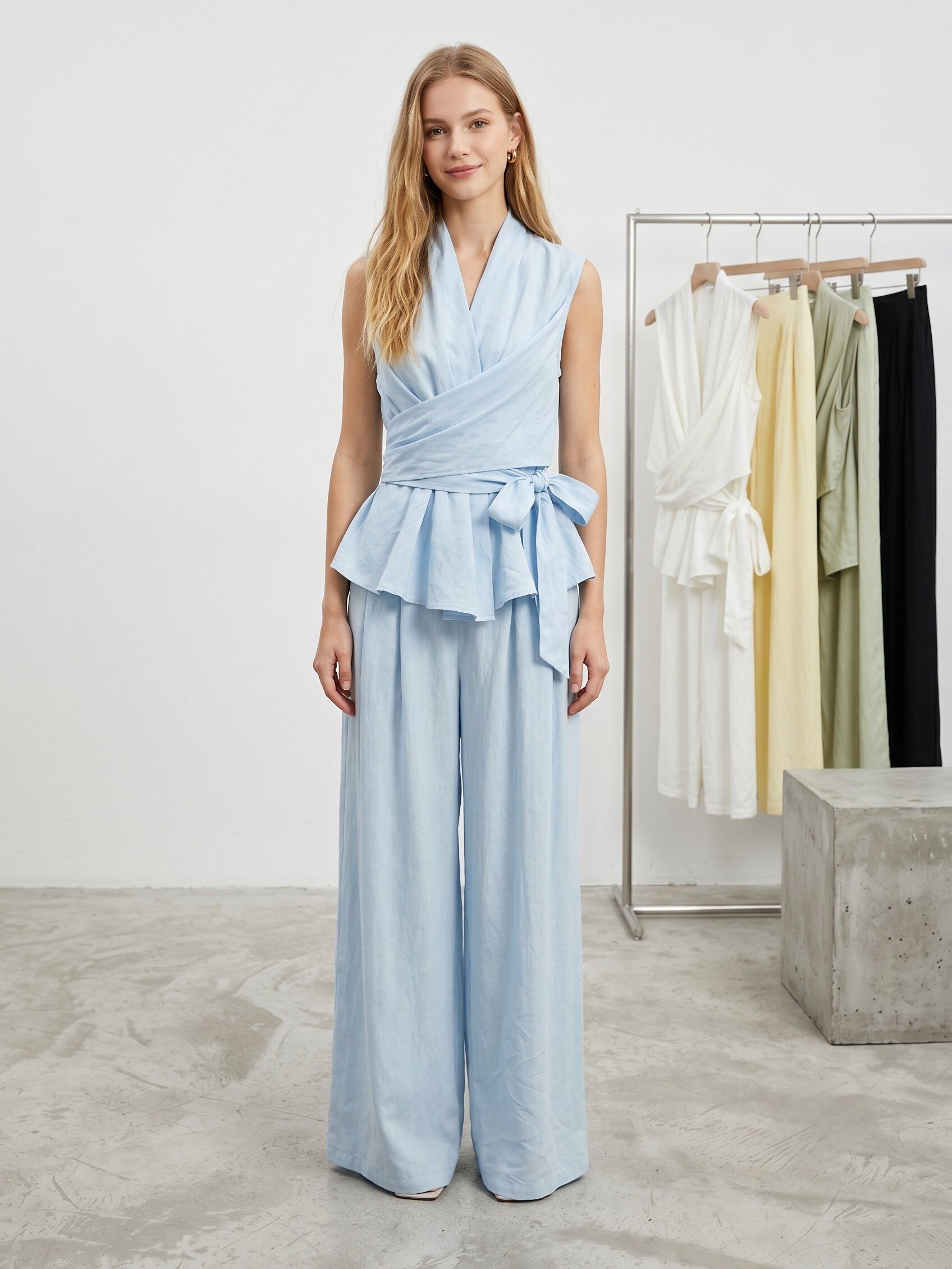 Großhändler J&H Fashion - Elegantes, skandinavisch inspiriertes Set bestehend aus einem ärmellosen Wickeloberteil mit Drapierungseffekt, das an der Taille gegürtet ist, und einer fließenden Hose mit weitem Bein