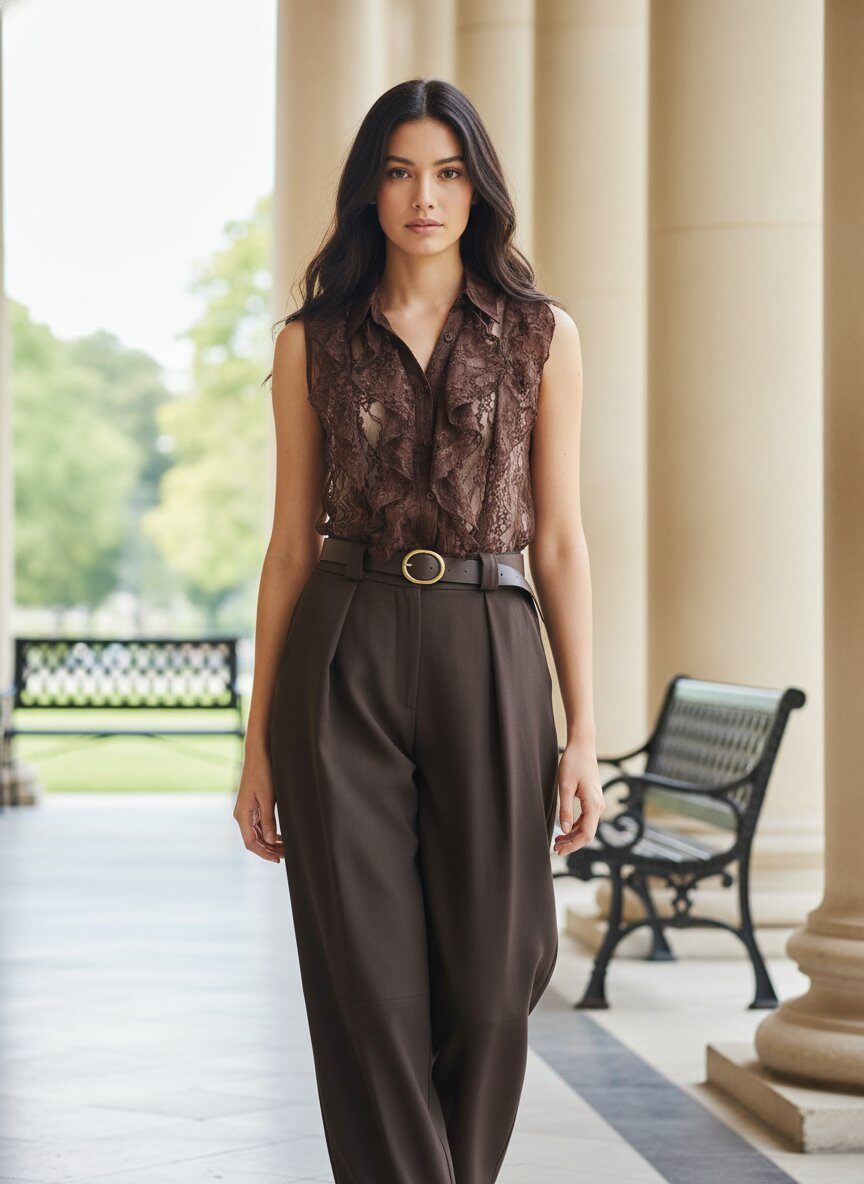 Mayorista J&H Fashion - Conjunto incluye una blusa sin mangas adornada con encaje y volantes en la parte delantera, combinada con un pantalón de pierna ancha de cintura alta ceñido por un