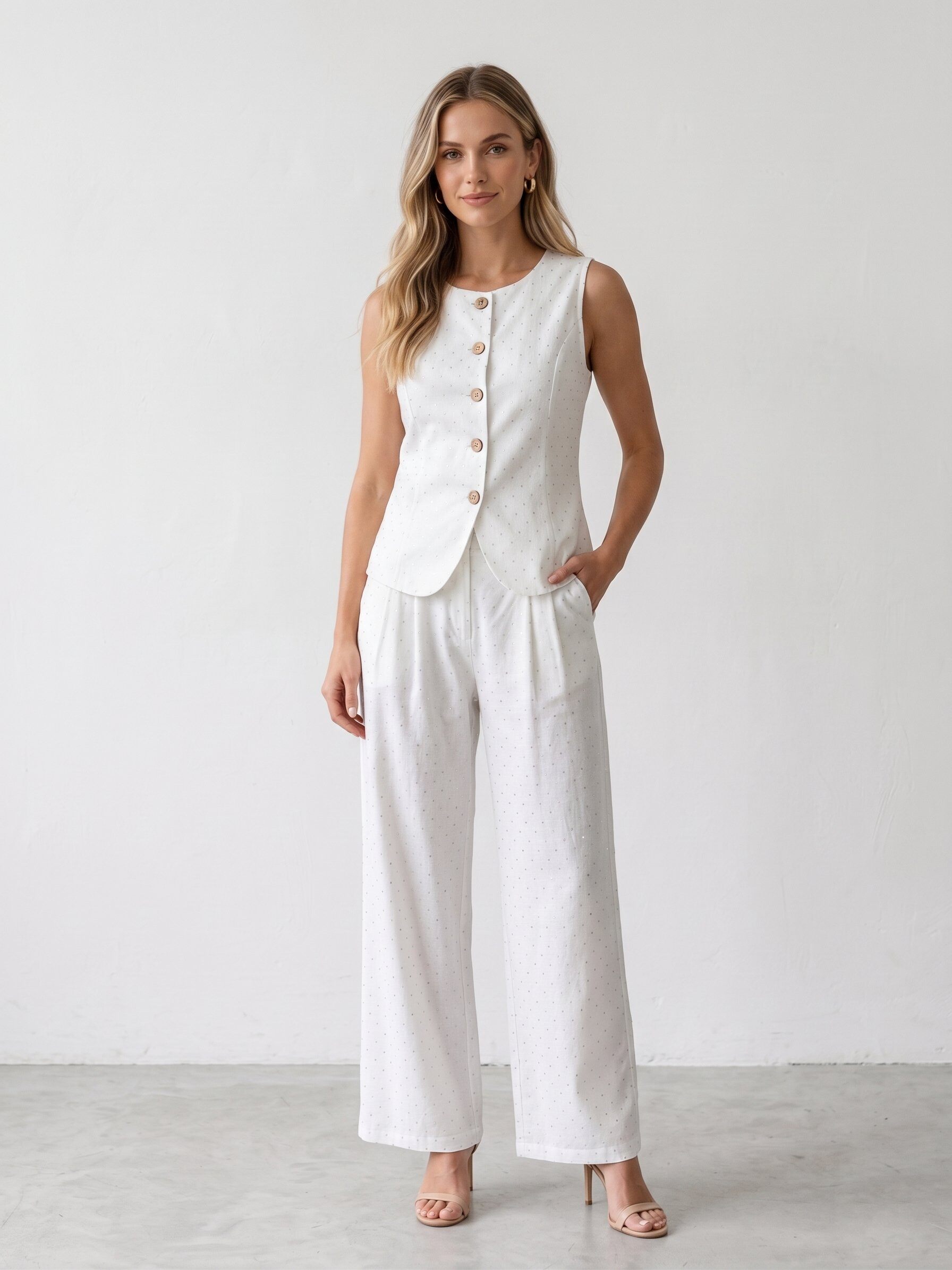 Mayorista J&H Fashion - Conjunto de blazer y pantalón de lino fluido con strass, completamente forrado