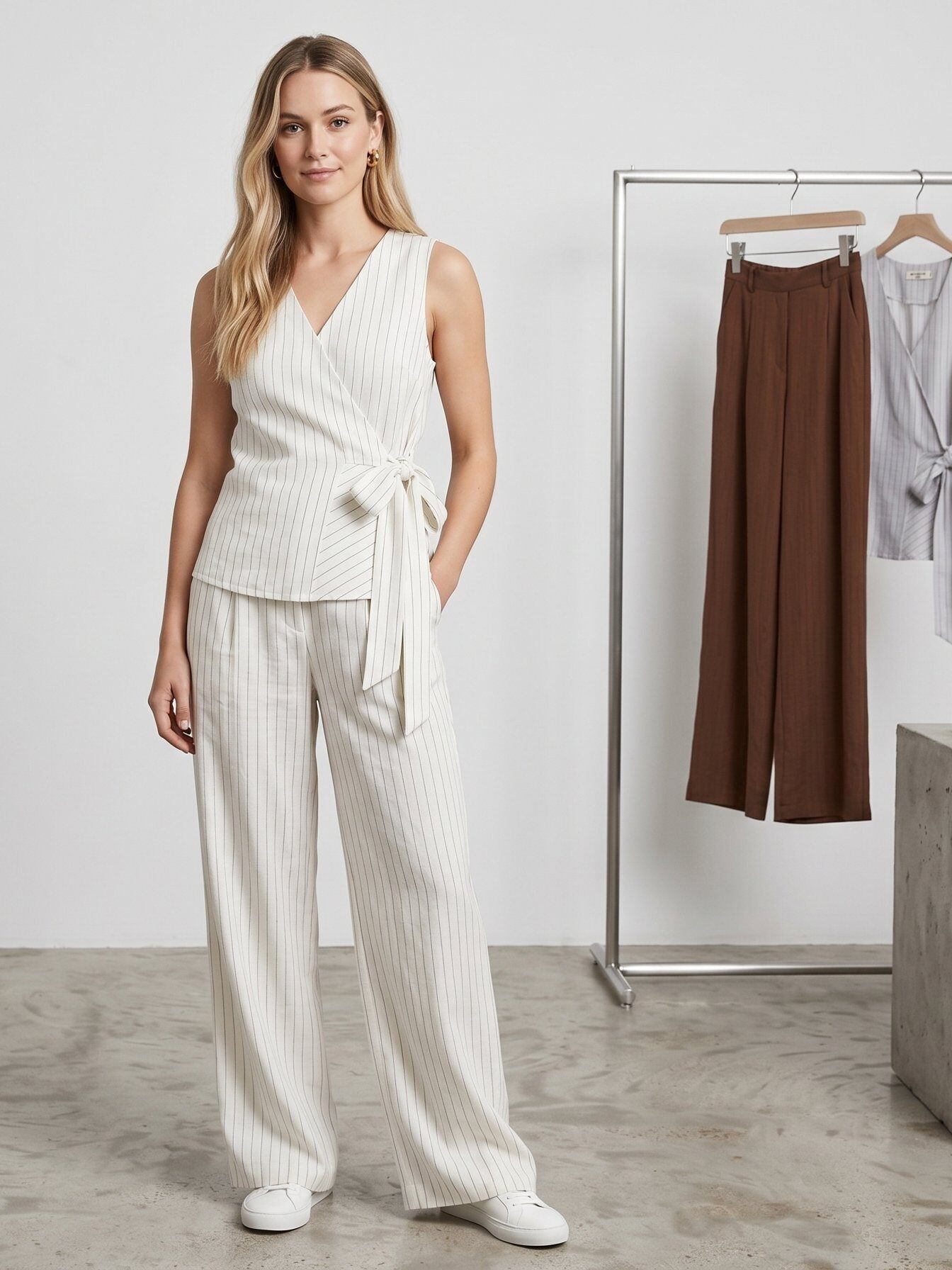 Großhändler J&H Fashion - Set besteht aus einem ärmellosen V-Ausschnitt-Top, das mit einem seitlichen Knoten tailliert ist, kombiniert mit fließenden, weit geschnittenen Hosen und Accessoires