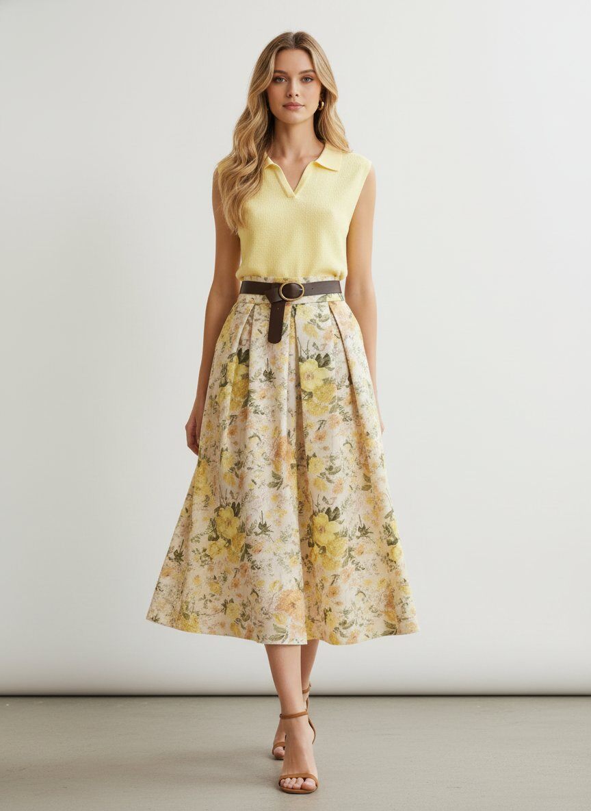 Grossiste J&H Fashion - Ensemble élégant se compose d'un haut sans manches à col polo et d'une jupe longue fluide à motif floral, accessoirisée d'une ceinture à boucle.