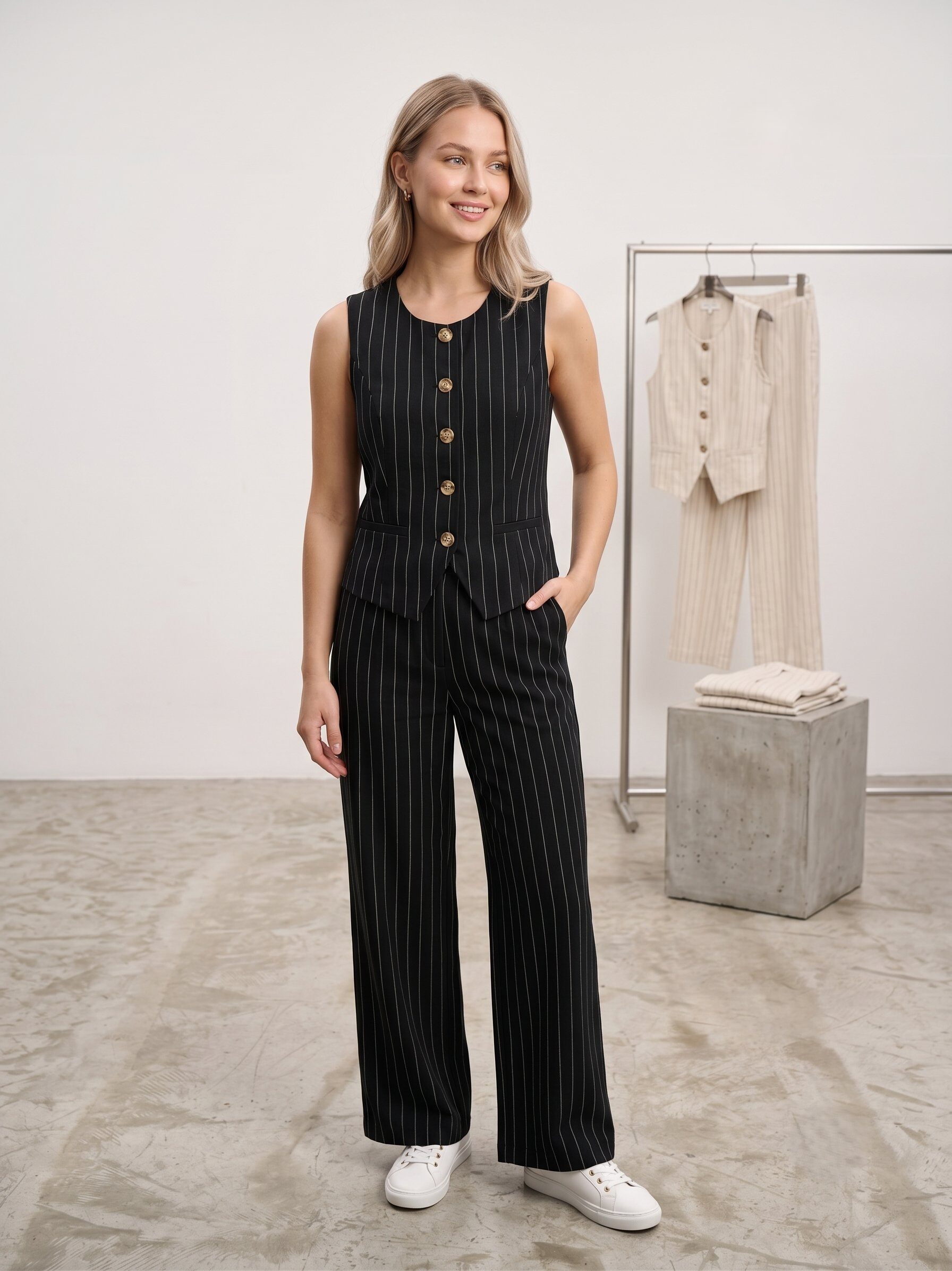 Großhändler J&H Fashion - Elegantes Set besteht aus einer taillierten ärmellosen Weste mit dekorativen Knöpfen und einer passenden fließenden Hose mit feinen vertikalen Streifen.