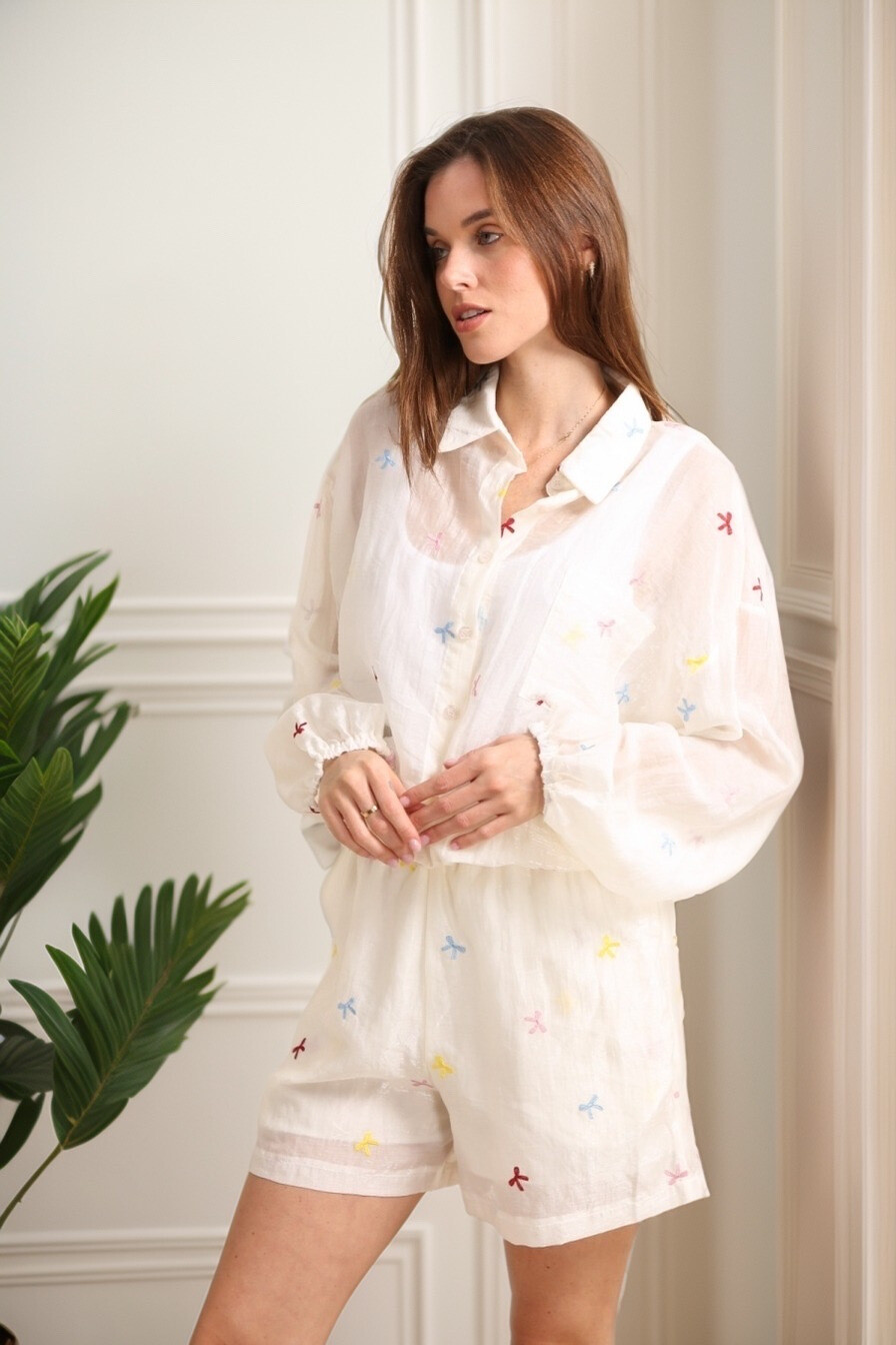 Grossiste J&H Fashion - Ensemble chemise short oversize fluide soie à broderie élégante chic casual