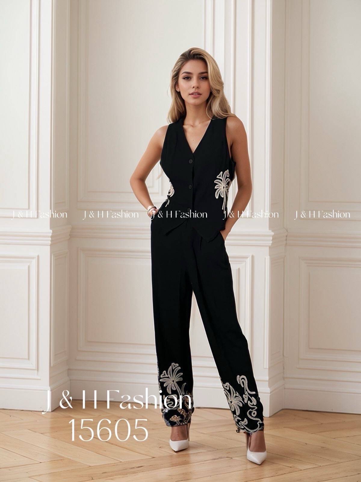 Grossiste J&H Fashion - Ensemble blazer sans manche et pantalon droit en lin avec broderie