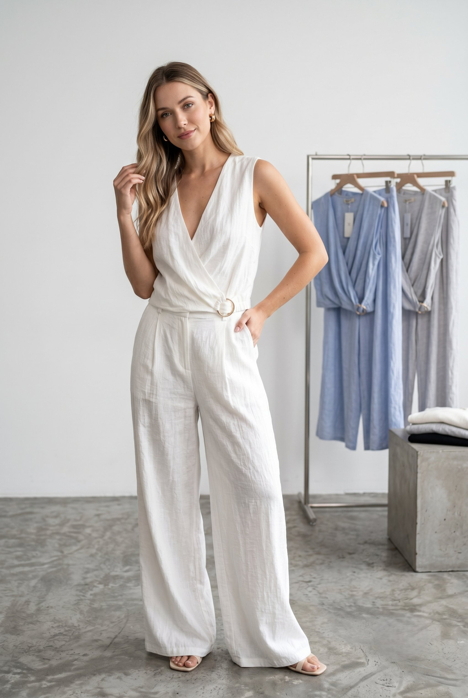 Mayorista J&H Fashion - Mono sin mangas presenta un escote en V cruzado con efecto envolvente, una cintura acentuada por una hebilla dorada y pantalones de pierna ancha.