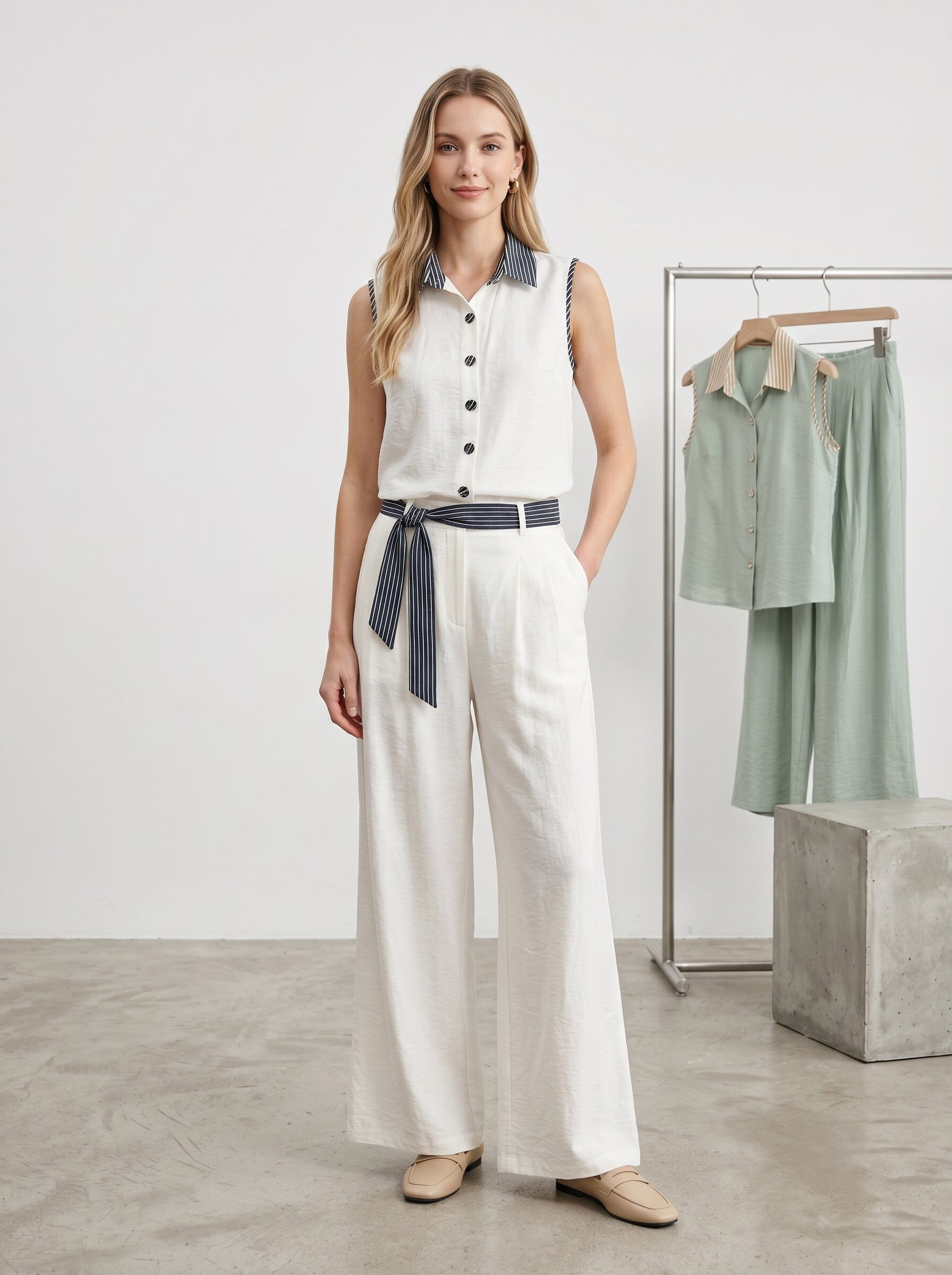 Mayorista J&H Fashion - Conjunto fluido compuesto por un top sin mangas con cuello de camisa abotonado y pantalones anchos a juego adornados con un cinturón para atar.