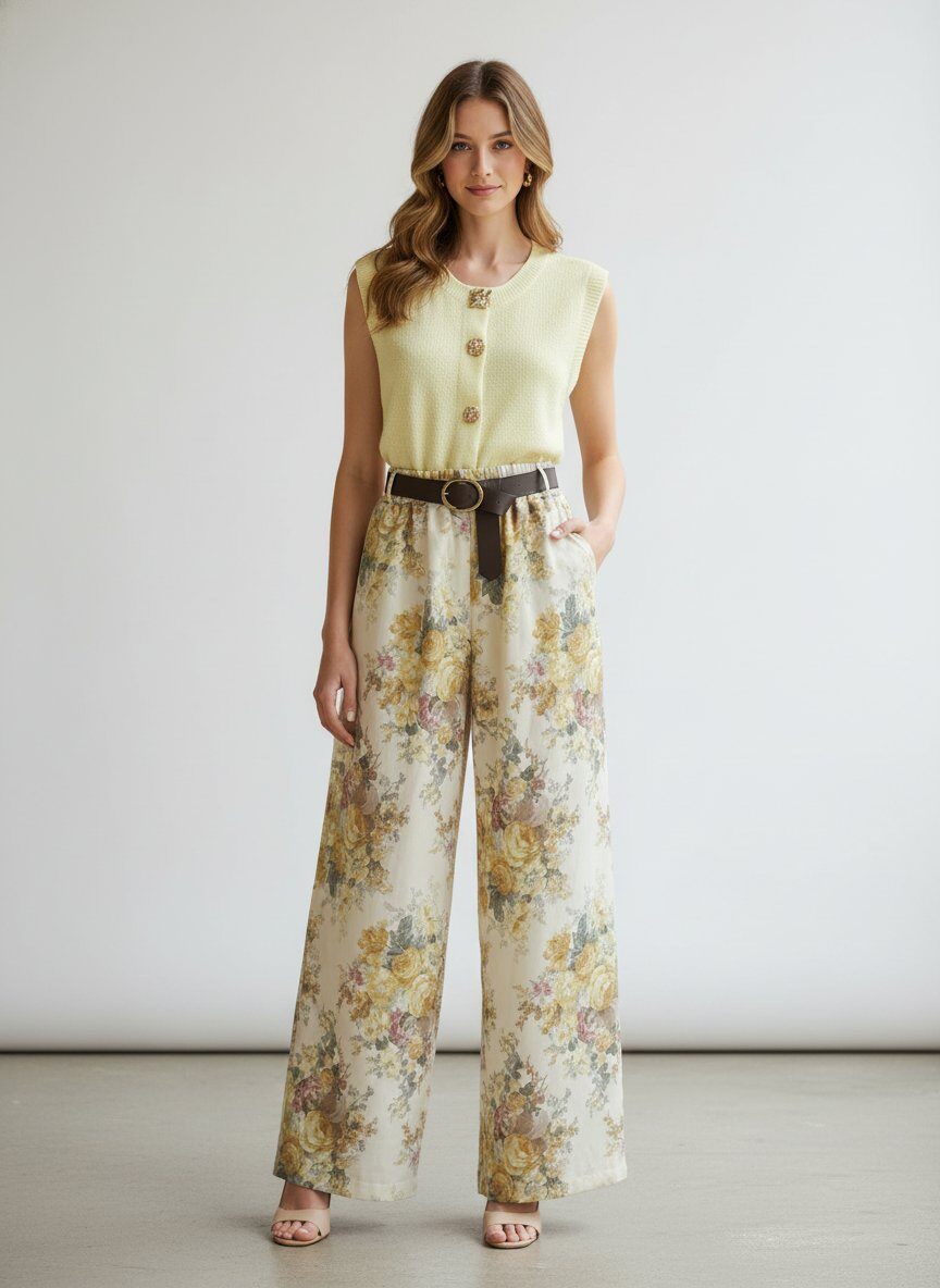 Mayorista J&H Fashion - Conjunto elegante consta de un top sin mangas con botones decorativos y un pantalón fluido con estampado floral resaltado por un cinturón contrastante.
