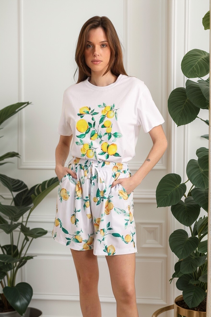 Grossista J&H Fashion - Maglietta e stampa di limone e pantaloncini set in strass