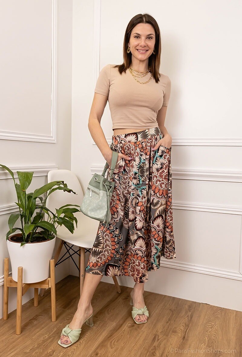 Grossiste J&H Fashion - Jupe midi imprimé boutonnée avec poche et taille élastique