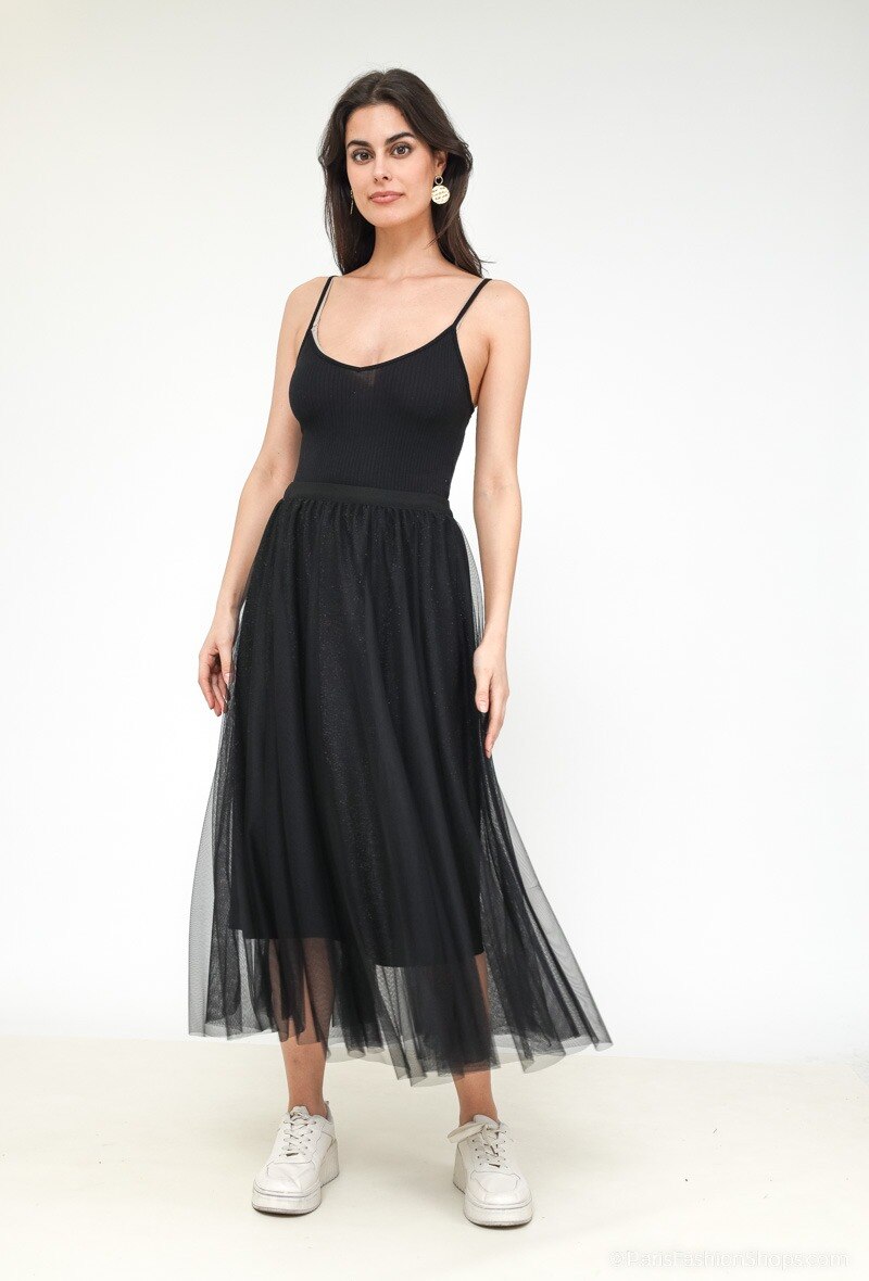 Grossista J&H Fashion - Gonna plissettata con dettaglio argenteo vita elastica fluida lunga