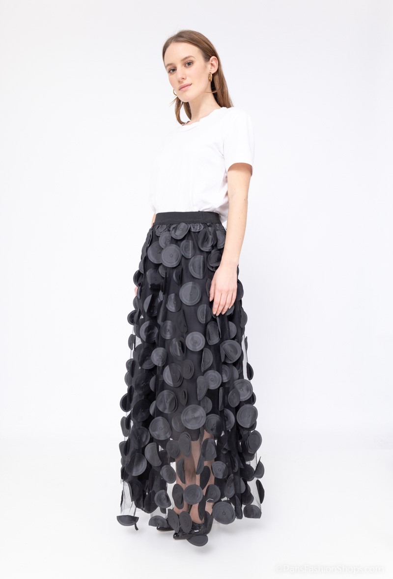 Grossista J&H Fashion - Gonna in tulle a vita alta con applicazioni rotonde, cintura elastica.