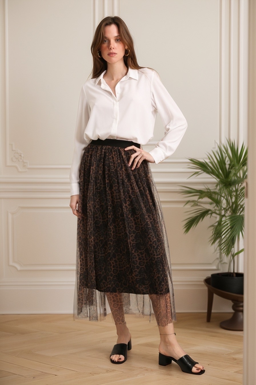 Großhändler J&H Fashion - Fließender, ausgestellter Tüllrock mit Leopardenmuster und elastischem Bund