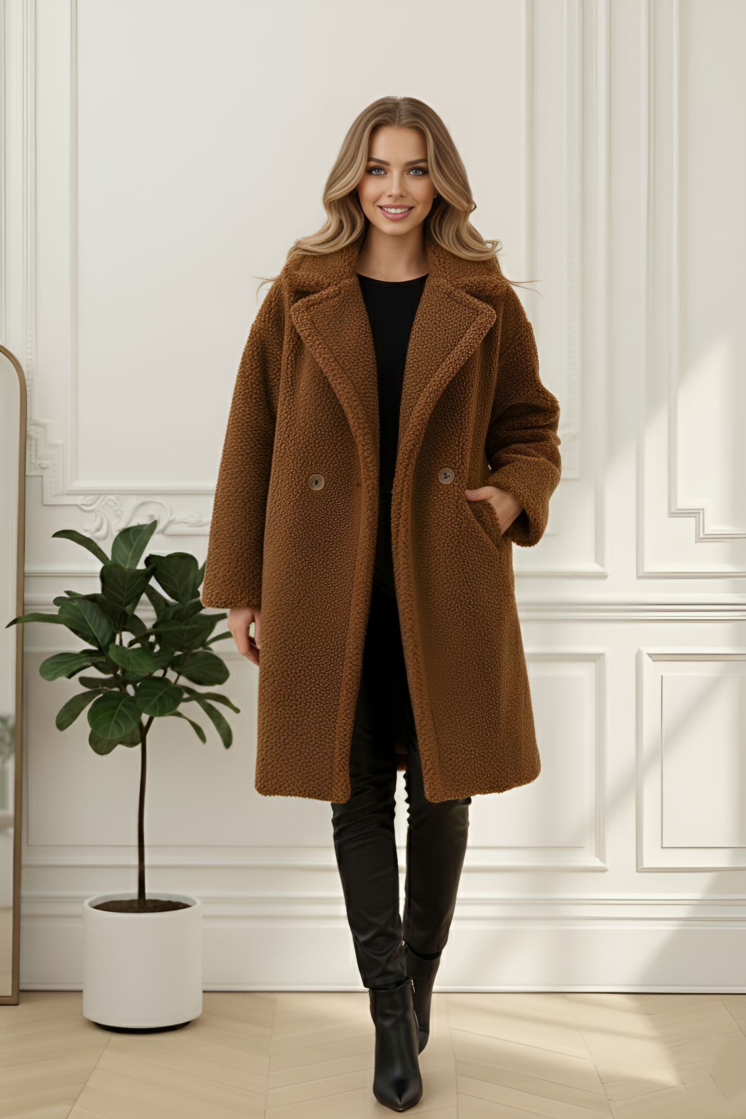 Großhändler J&H Fashion - Langer Mantel im Kamelhaareffekt mit Reverskragen und Wildleder-Innenfutter