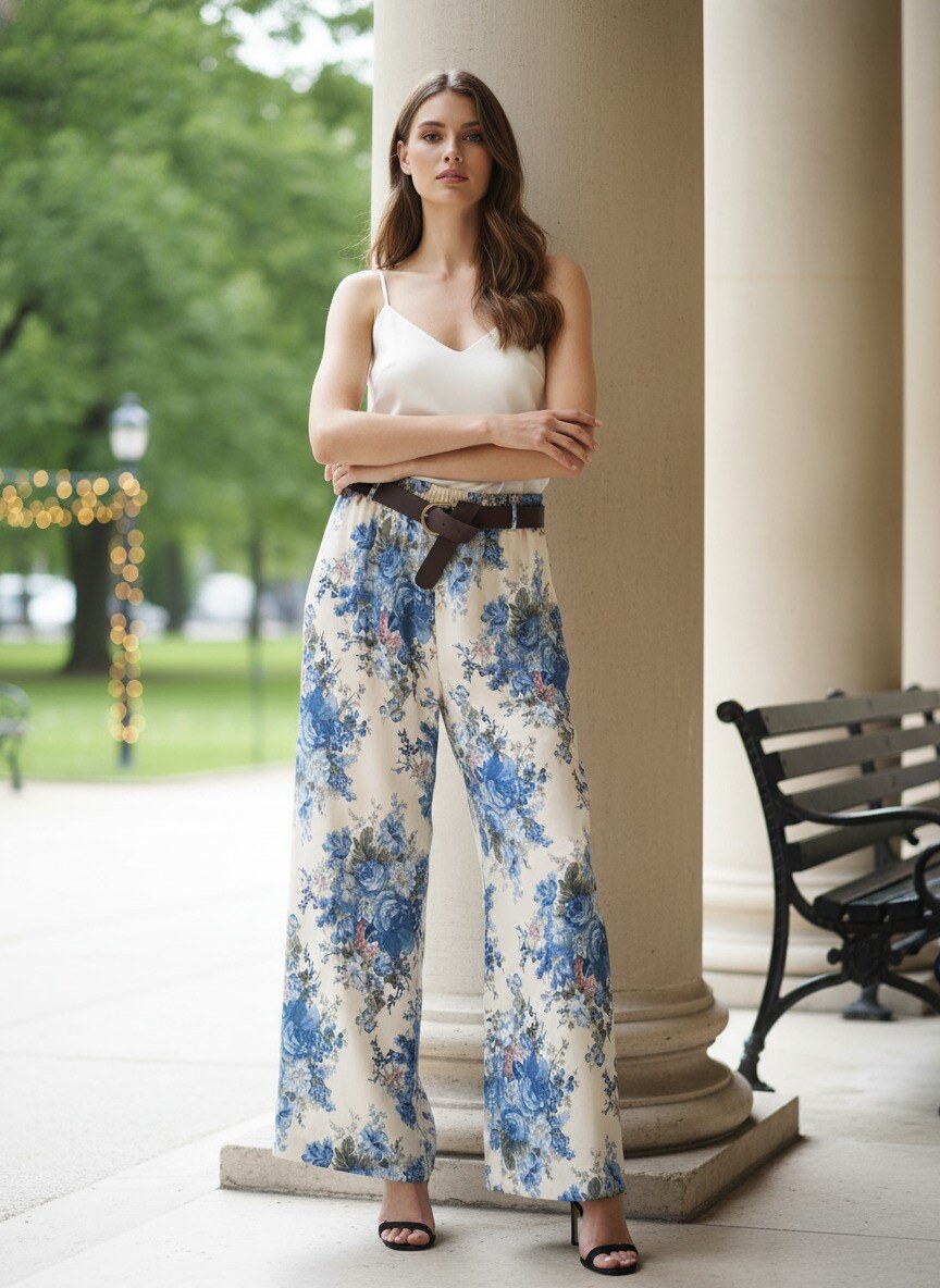 Grossista J&H Fashion - Pantaloni fluidi a gamba larga con vita elastica decorata con un motivo floreale integrale e una cintura coordinata.