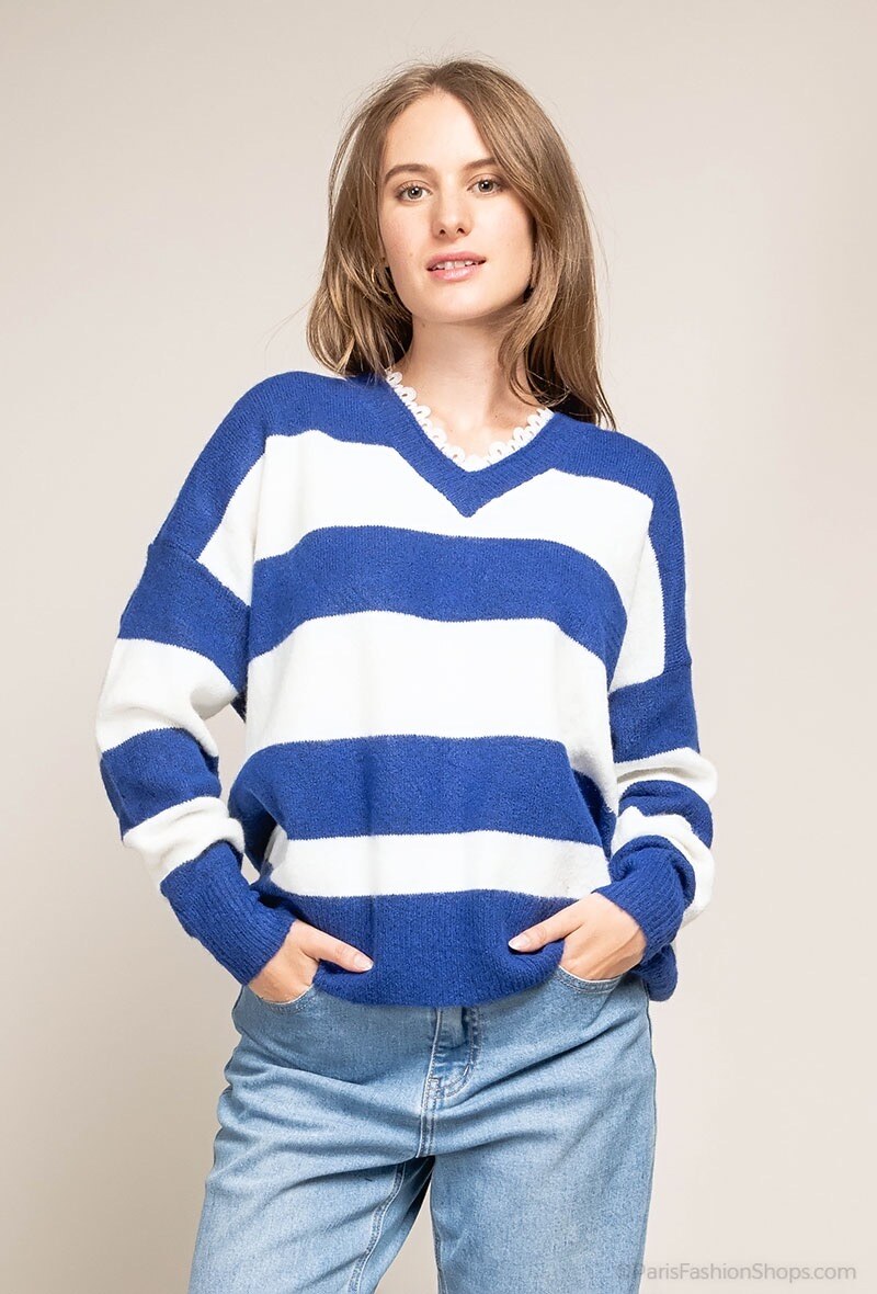 Großhändler J&H Fashion - Übergroßer gestreifter Strickpullover mit Spitzenkragen