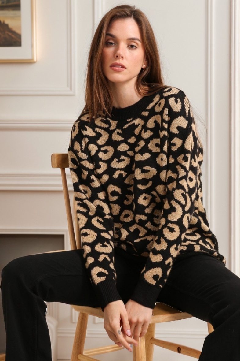 Großhändler J&H Fashion - Leoparden-Strickpullover mit Pailletten, Rundhalsausschnitt und langen Ärmeln