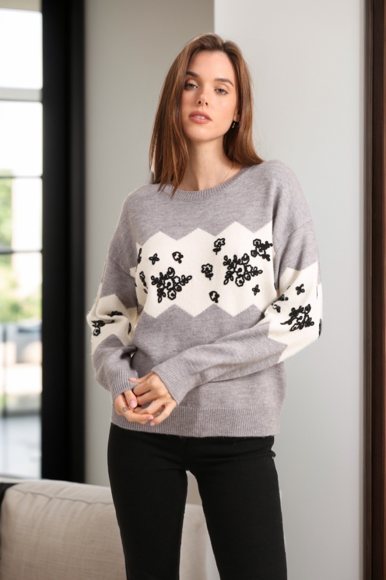 Mayorista J&H Fashion - Jersey de punto bicolor con bordado de flores oversize