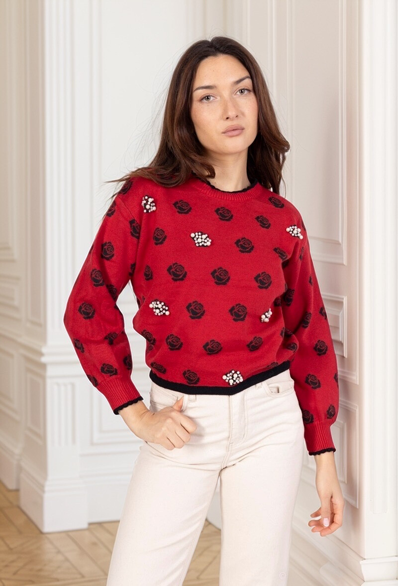 Wholesaler J&H Fashion - Two-tone knit sweater with flower and pearl print