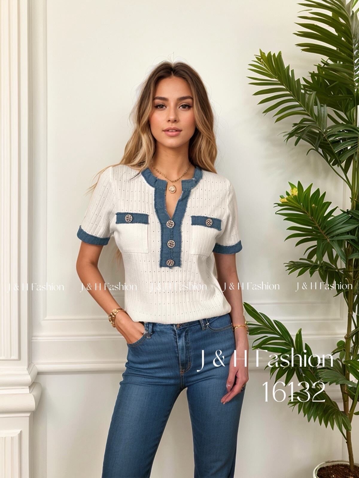 Großhändler J&H Fashion - Kurzarm-Strickpullover mit V-Ausschnitt, Jeansbesatz und dekorativem Knopf