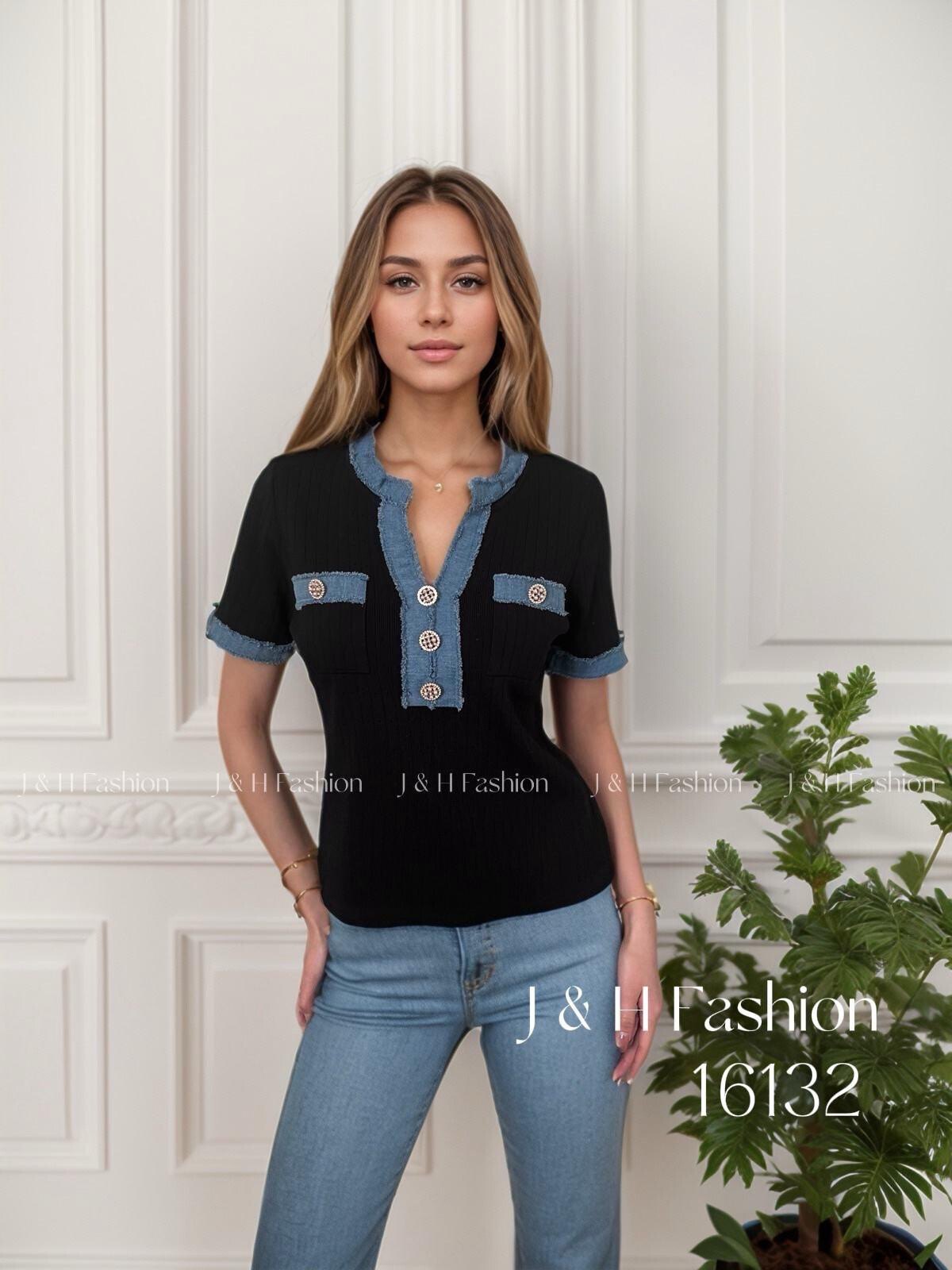 Grossista J&H Fashion - Maglione a maglia a manica corta con scollo a V, bordo in denim e bottone fantasia