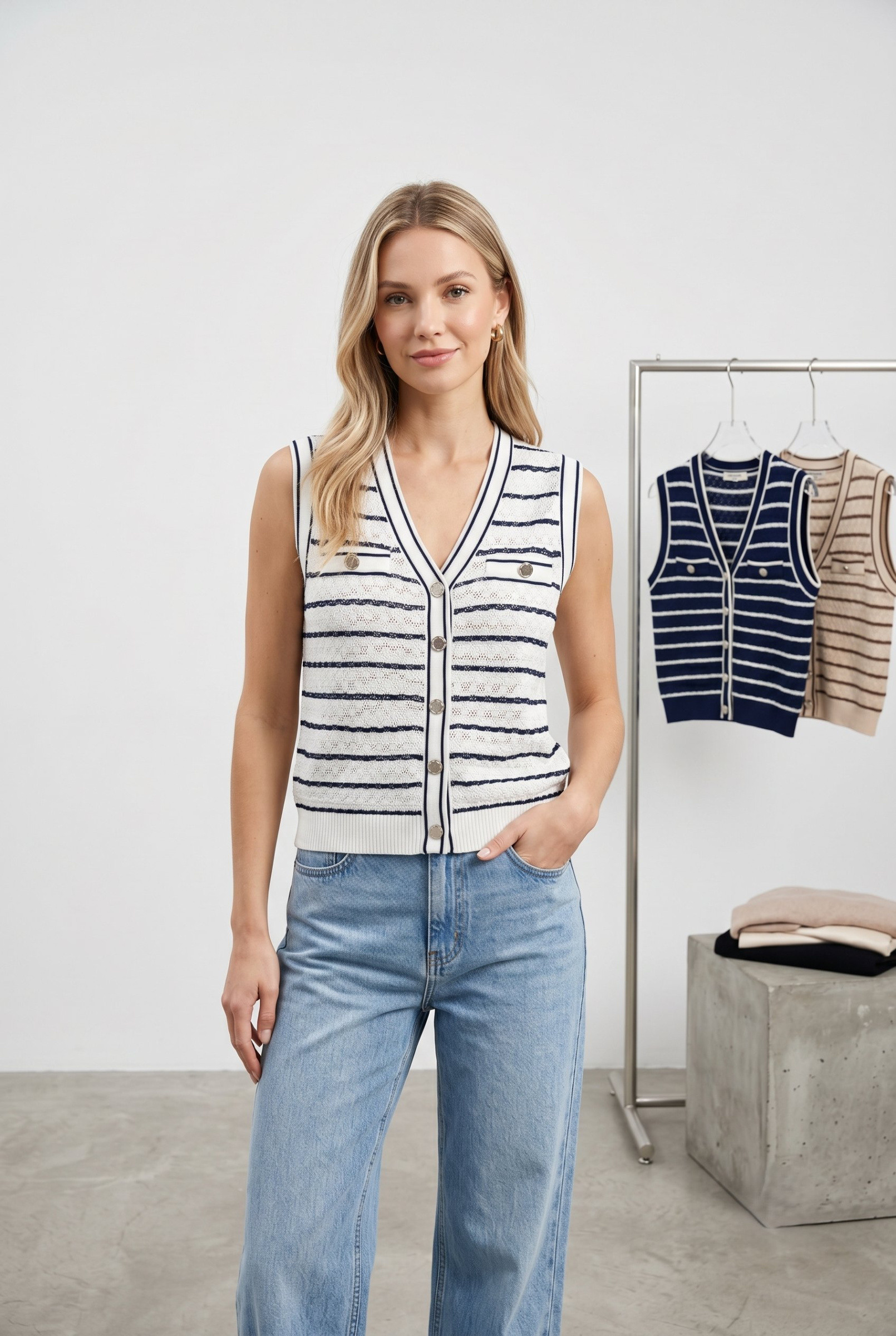 Grossiste J&H Fashion - débardeur en maille texturée arbore un motif à rayures horizontales, une encolure en V prononcée avec une patte de boutonnage centrale et deux petites poches.
