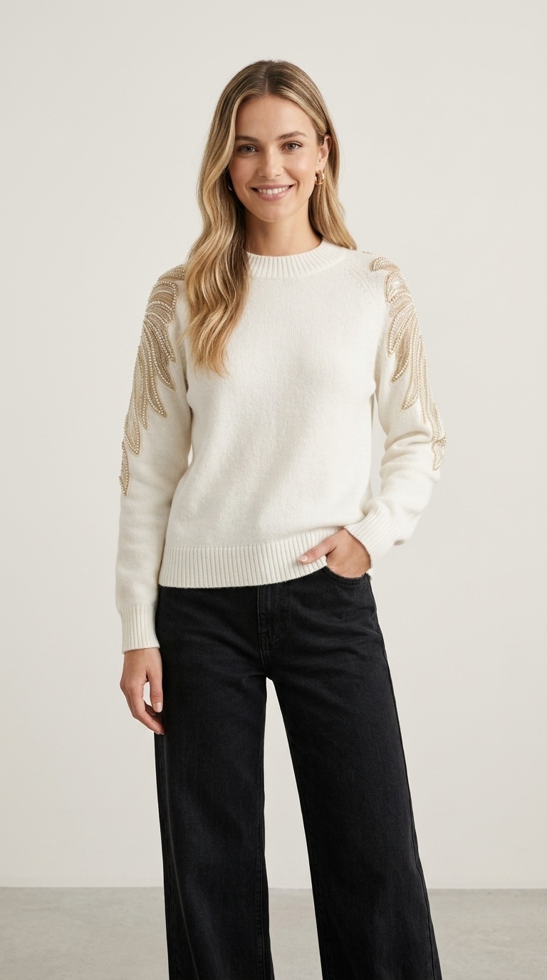 Grossista J&H Fashion - Questo elegante maglione in maglia fine si distingue per i suoi ricami con perline a forma di ali che adornano le spalle.