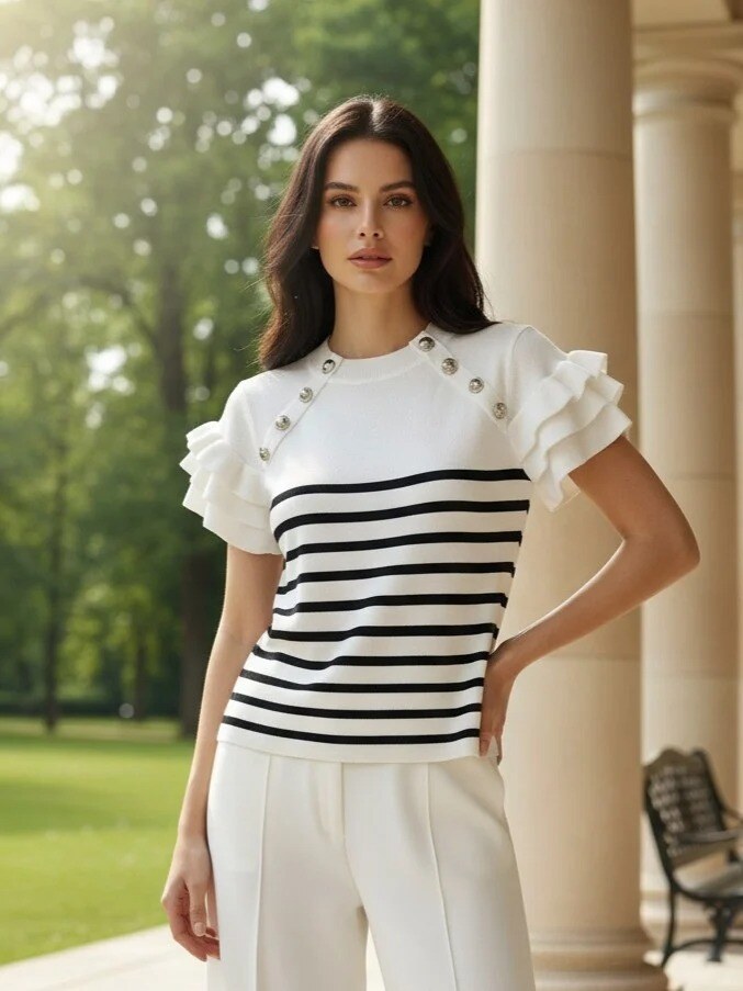 Grossista J&H Fashion - Maglione a righe con volant e bottone