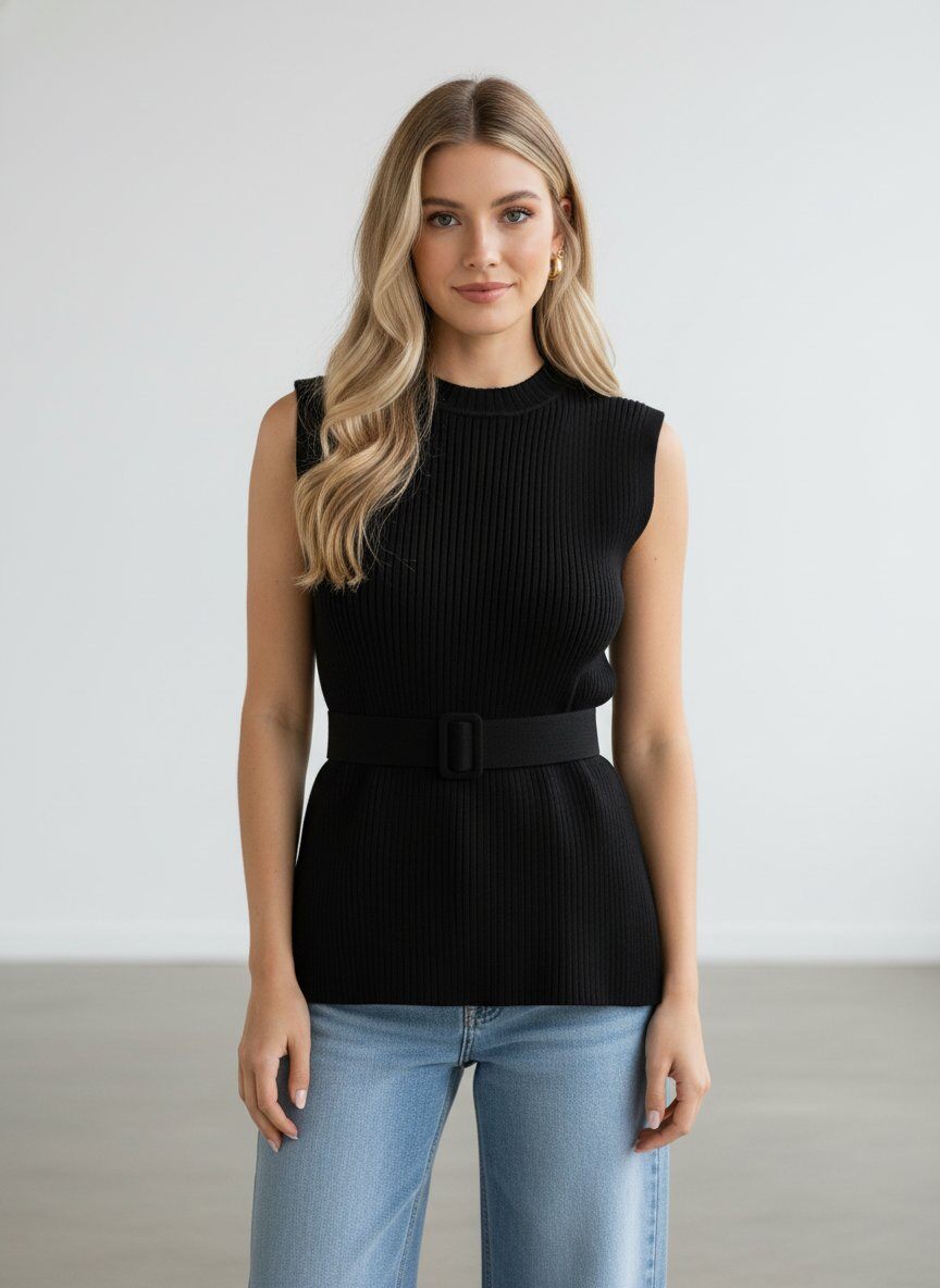 Großhändler J&H Fashion - ärmelloser gerippter Strickpullover mit hohem Kragen und einer figurbetonten Silhouette, die durch einen passenden Schnallengürtel eine Schößchen-Taille betont