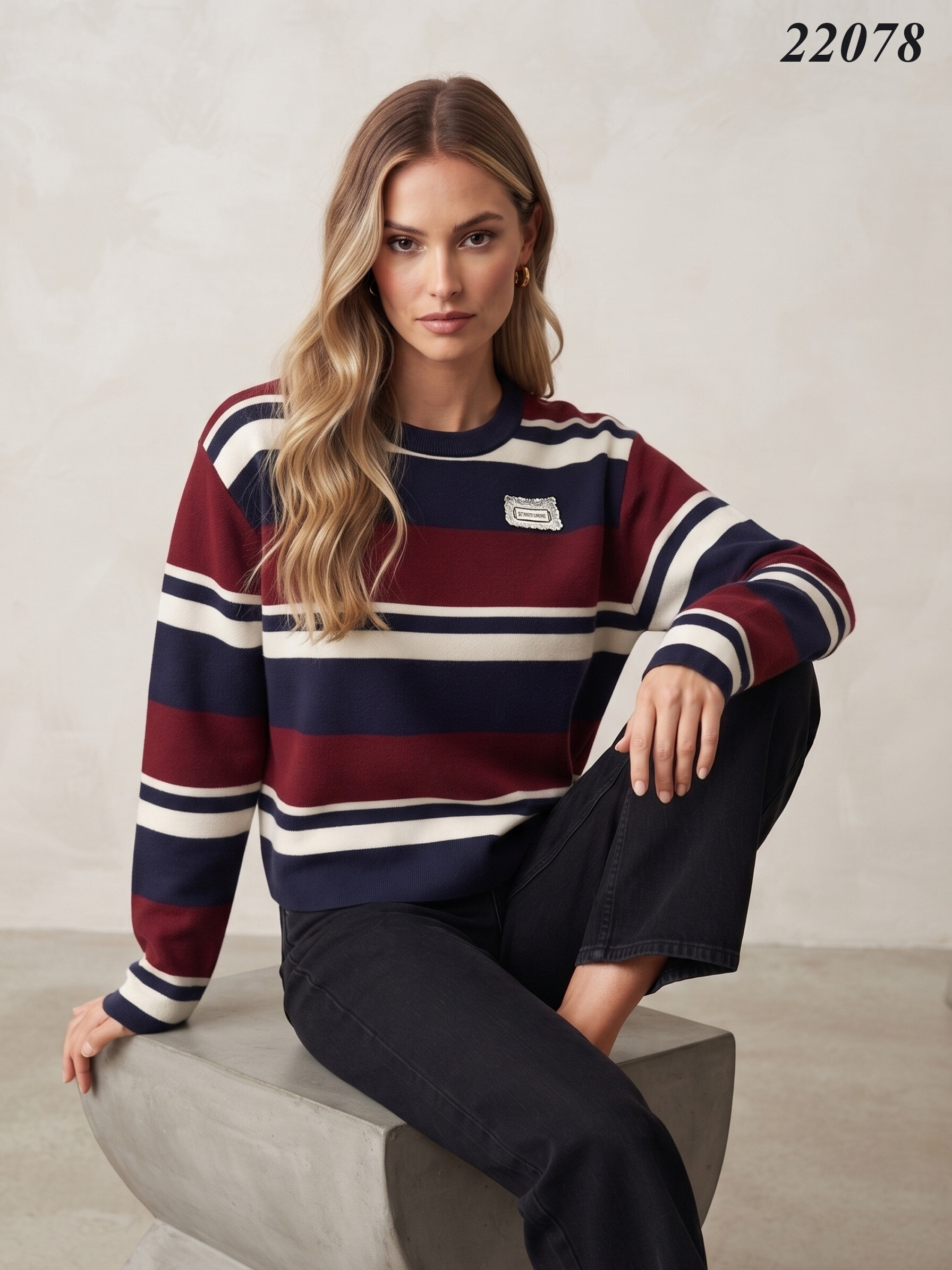 Großhändler J&H Fashion - Damen-Strickpullover, leicht verkürzt, mit verschiedenen horizontalen Streifen und rundem Ausschnitt.