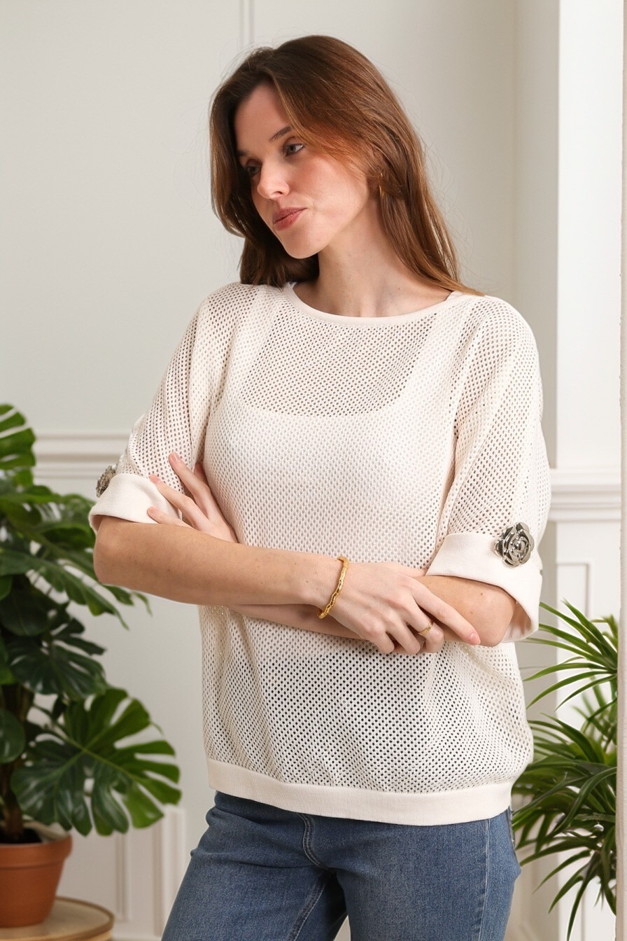 Wholesaler J&H Fashion - Short-sleeved oversized knit sweater with decorative padlock