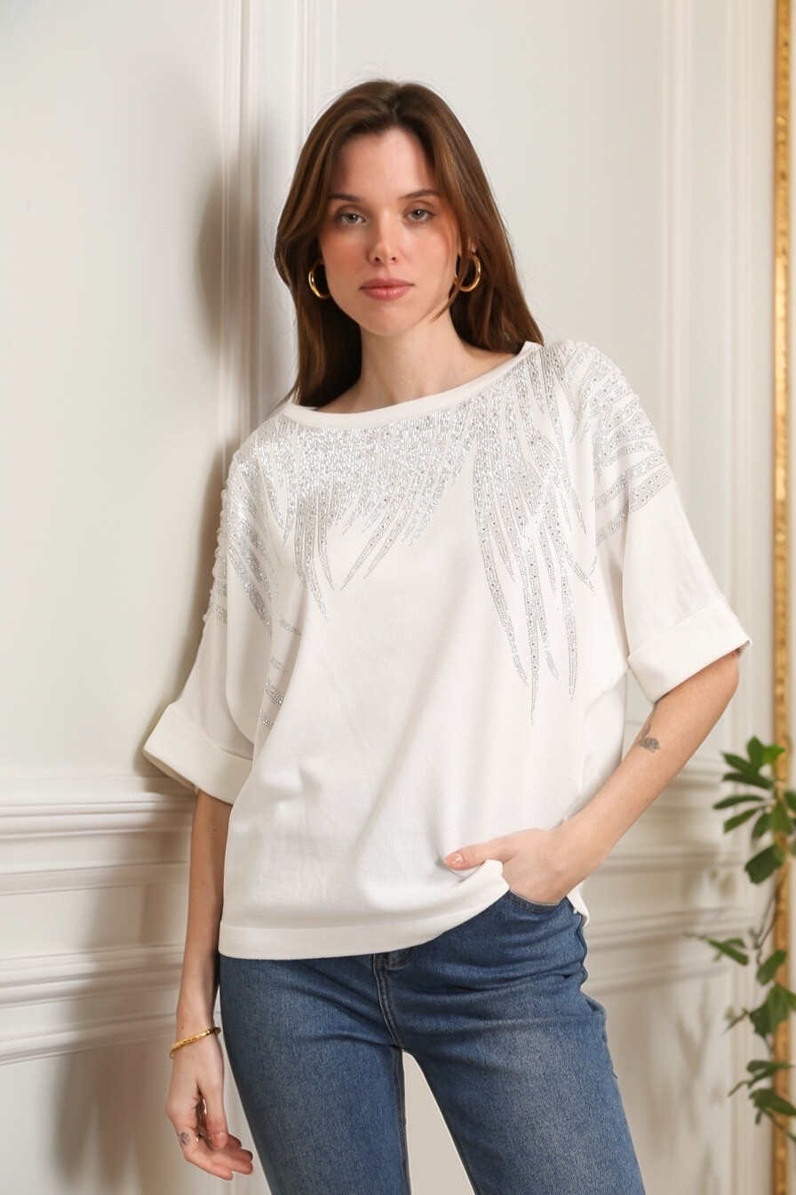 Grossiste J&H Fashion - Pull en maille oversize manche courte à strasses