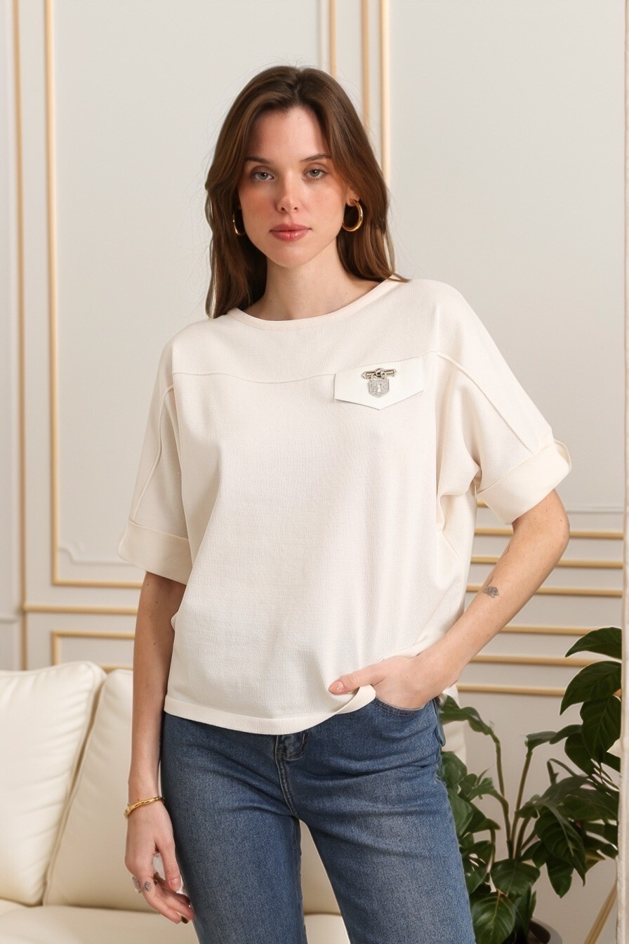 Grossiste J&H Fashion - Pull en maille oversize manche courte avec cadenas décoratif