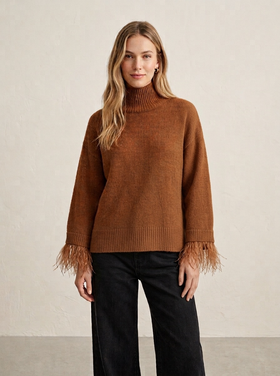 Grossista J&H Fashion - Maglione oversize a collo alto con taglio essenziale, arricchito da delicate rifiniture di piume sui polsini e dettagli di bottoni eleganti.