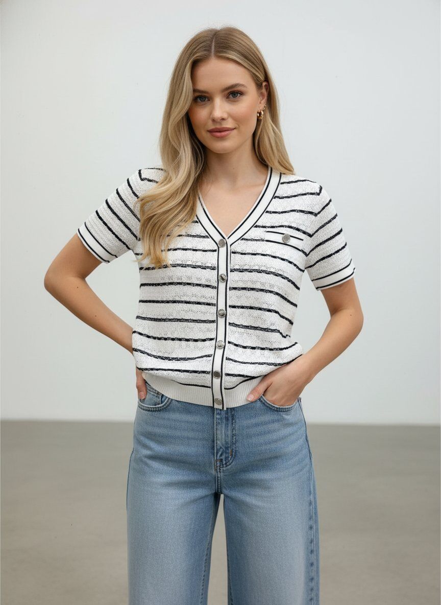 Mayorista J&H Fashion - Cárdigan ajustado de manga corta con escote en V, cierre frontal abotonado y un bolsillo decorativo en el pecho adornado con un botón
