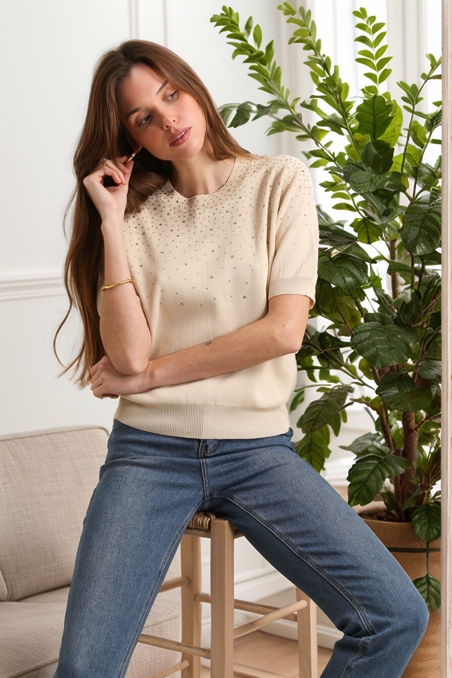 Wholesaler J&H Fashion - Short-sleeved knitted sweater with silver rhinestones