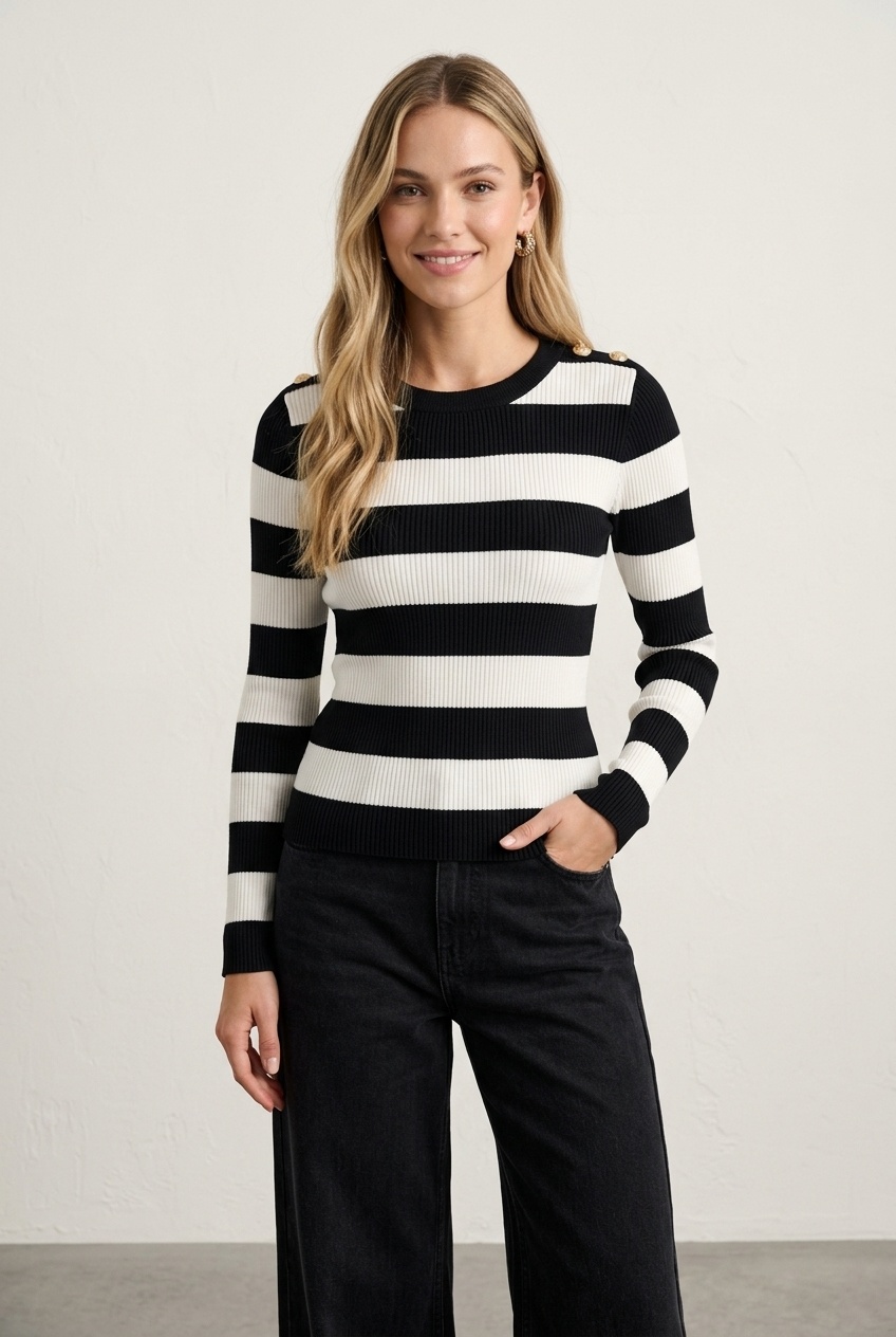 Grossista J&H Fashion - Maglione a righe in maglia a coste con scollo rotondo e dettagli di bottoni dorati sulle spalle per un look elegante e senza tempo.