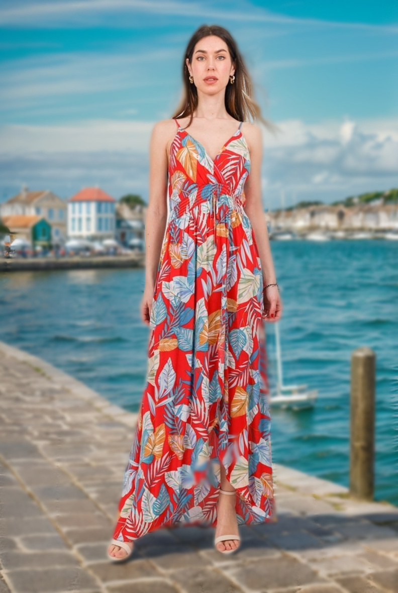 Grossista J&H Fashion - Abito lungo a fiori con scollo a cuore e spalline elasticizzato