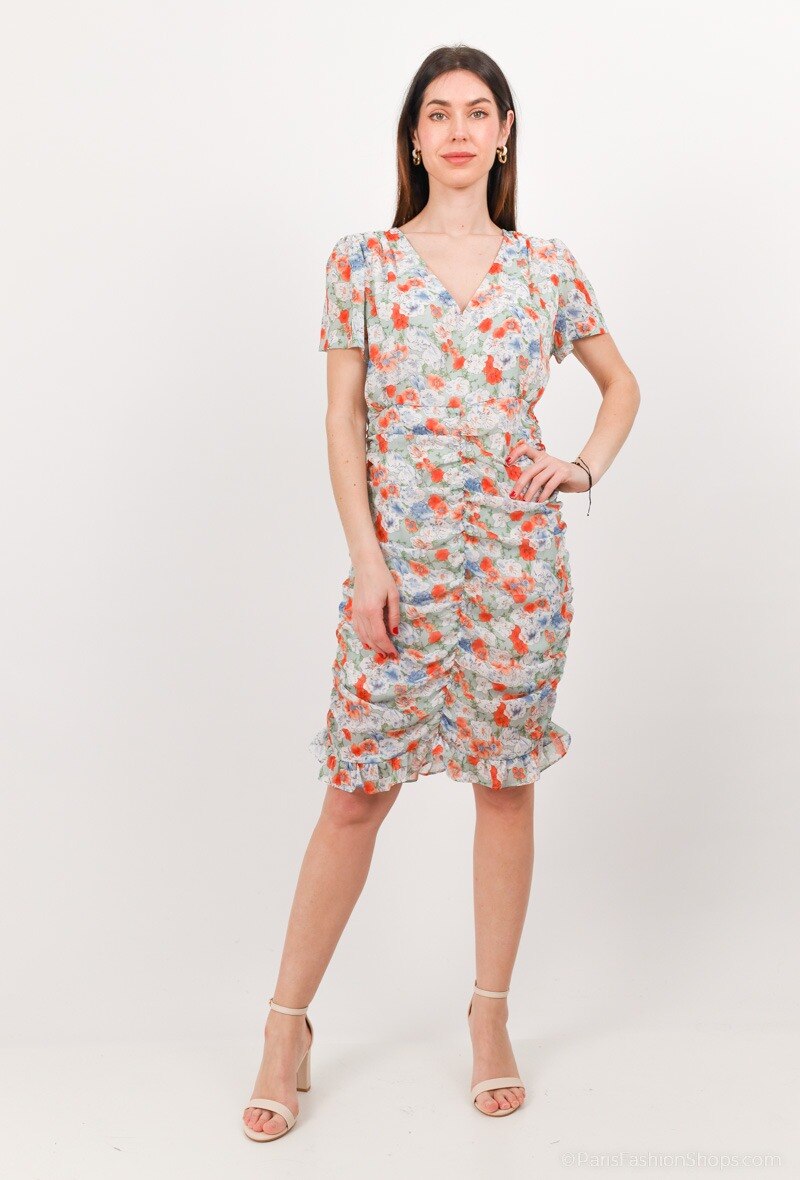 Grossista J&H Fashion - Abito floreale, drappeggiato, aderente con scollo a V e maniche corte
