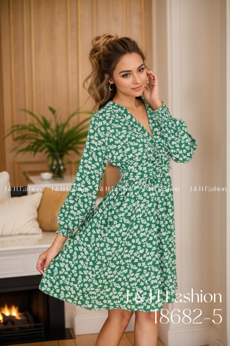 Grossista J&H Fashion - Abito esposto, stampato, scollo a V, maniche lunghe, vita elastica