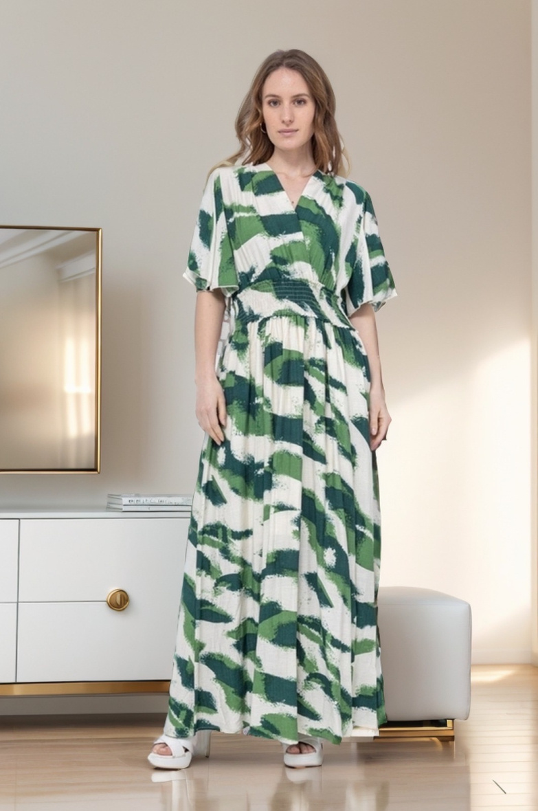 Grossiste J&H Fashion - Robe en coton imprimée longue cache-cœur avec élastique à la taille
