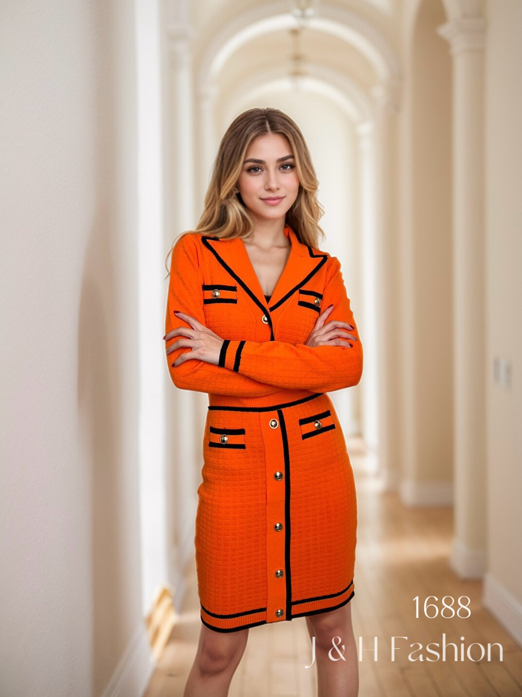 Großhändler J&H Fashion - Zweifarbiges, maßgeschneidertes Strickkleid mit Kragen