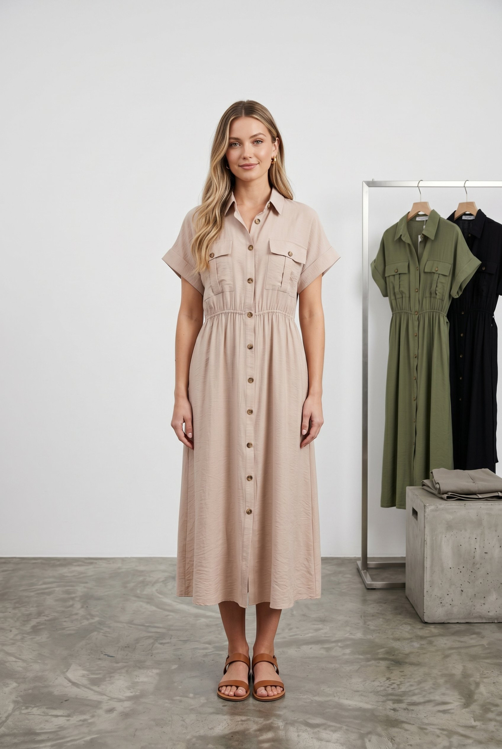 Großhändler J&H Fashion - Langes Hemdkleid mit kurzen umgeschlagenen Ärmeln, klassischem Kragen, durchgehender Knopfleiste vorne und einem gebundenen Gürtel, der
