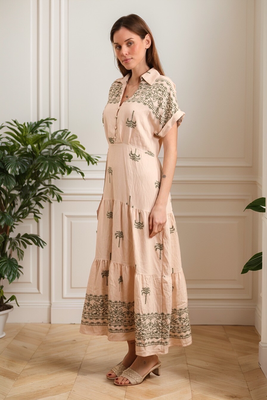 Mayorista J&H Fashion - Vestido de lino largo impreso con abotonamiento y cordón en la cintura