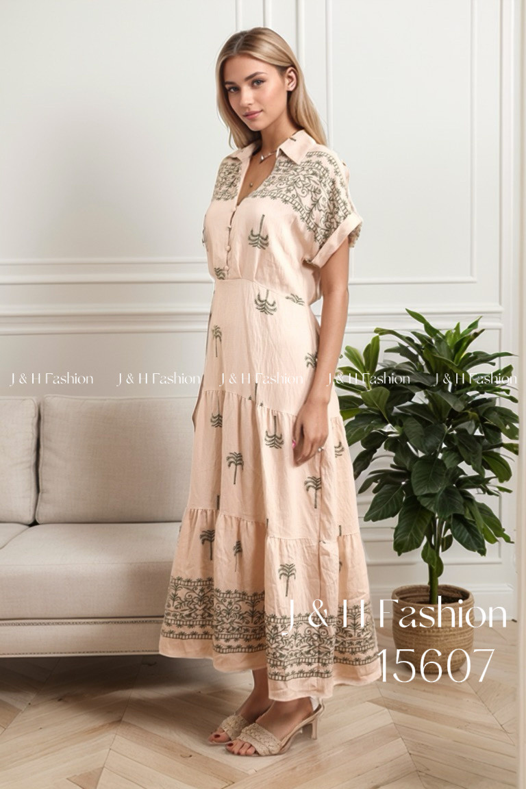 Großhändler J&H Fashion - Gedrucktes langes Leinenkleid mit Knopf und Straffungsschnur in der Taille