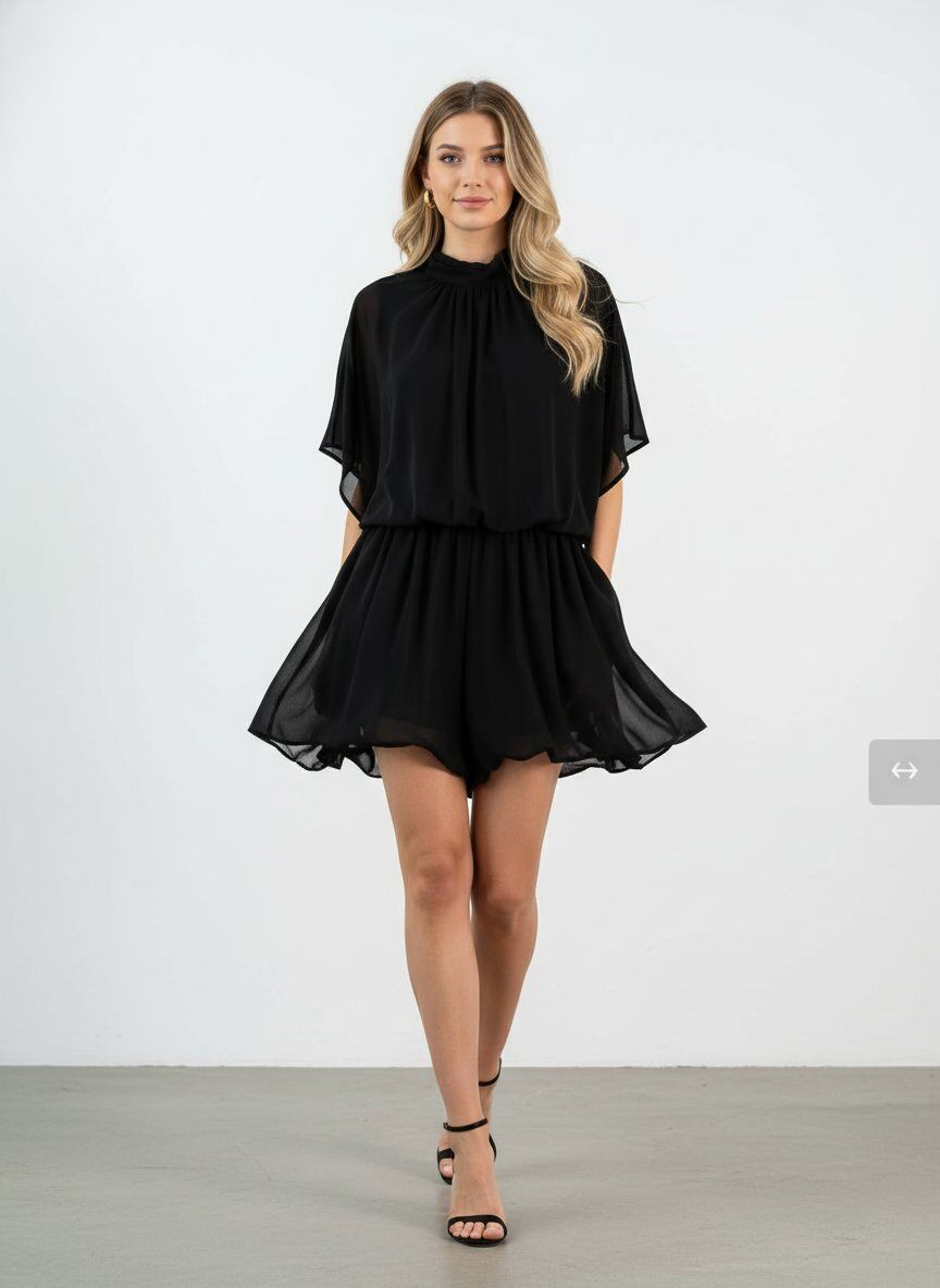 Großhändler J&H Fashion - Fließendes Kleid mit hohem Kragen und ausgestellten Ärmeln, das eine betonte Taille und einen luftigen Schnitt für einen eleganten und leichten Look bietet.