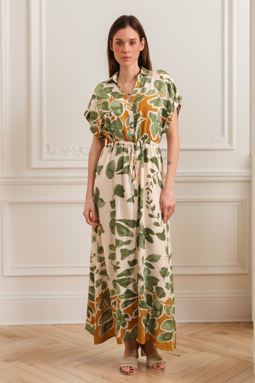 Mayorista J&H Fashion - Vestido de lino largo impreso con abotonamiento y cordón en la cintura